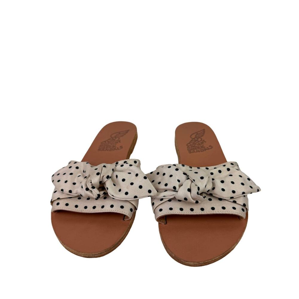 Ancient Greek Women's Cream Black Polka Dot Slip On Open Toe Flat Bow Sandal 36